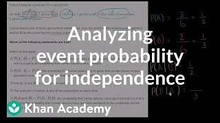 Analyzing event probability for independence  Probability and Statistics  Khan Academy [upl. by Ohl]