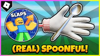 How to ACTUALLY get SPOONFUL GLOVE  quotSLAP BATTLES SWEEPquot BADGE in SLAP BATTLES ROBLOX [upl. by Murage]