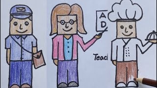 Simple community helpers drawing for preschoolers Easy chef drawing teacher drawing post man [upl. by Nnaid]