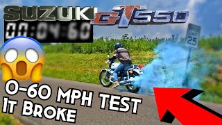 Suzuki GT550 2 Stroke Triple 060 MPH Test Then it Broke [upl. by Ungley]