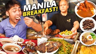 Filipino BREAKFAST Tour in MANILA 5 Best Breakfast Spots in Manila Tapsi Goto Pares amp Liempo [upl. by Mada]