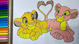 Satisfying Lion King Drawing Video  Cute Simba and Nala Paint  How to Paint Lion [upl. by Lled544]