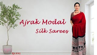 EP 891  Pure Hand Block Printed Ajrak Modal Silk Sarees  Cloud Dzigns [upl. by Corson]