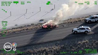 POLICE CHASE Car catches on fire while fleeing from Utah Highway Patrol [upl. by Phiona]