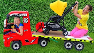 Niki ride on tow truck and play selling toy cars for kids [upl. by Alleunam]