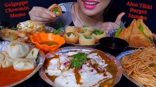 Eating Golgappe Aloo tikki Chowmin Momo Burger Patties Samosa  Indian Street Food Part 4 [upl. by Portia10]