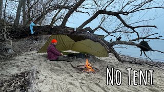 Winter Camping on a Beach with No Tent  Tarp Camping with my dog  Morning Rain [upl. by Just55]