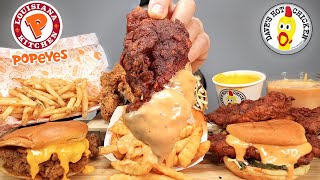 MUKBANG EATING Popeyes Chicken amp Fries Daves Hot Chicken Burgers amp FRIED Tenders Cheese amp Donuts [upl. by Sparkie]