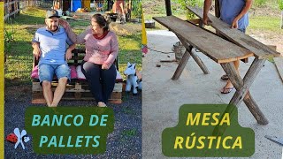 COMO fazer MESA de eucalipto rústica e BANCO sofá de PALLETS [upl. by Hamford]