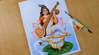 How to paint Saraswati Mata  Watercolour Painting  Saraswati Puja special painting [upl. by Milicent]