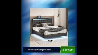 Queen Size Floating Bed Frame with LED Lights and USB ChargingModern Upholstered Platform LED Be [upl. by Demy]