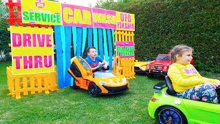 Ali and his little sister Pretend Play Car Wash Game Power wheels Ride on Car [upl. by Notfol]