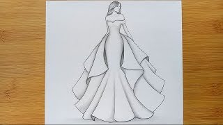 How to draw a girl with Beautiful Dress for Beginners  pencil sketch step by step [upl. by Ozner]