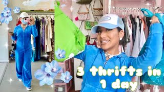 springsummer thrift vlog  haul 🥶 3 thrifts in 1 day 💙💙 y2k vibes [upl. by Assillem]