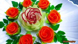 Attractive Garnish of Radish amp Carrot Rose Flowers with Onion amp Cilantro Designs [upl. by Gnek]