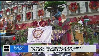 Wampanoag tribe citizen holds up Palestinian flag during Thanksgiving Day Parade [upl. by Kohcztiy491]