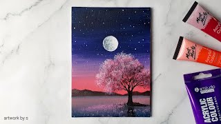 Moonlight Night Sky Painting  Easy Acrylic Painting Tutorial for Beginners  Mini Canvas Painting [upl. by Chi]