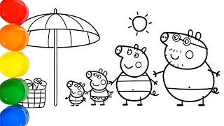 Peppa Pig Family in the beaches Drawing and Coloring Peppa Pig Drawing Peppa pig Colouring pages [upl. by Janaya]