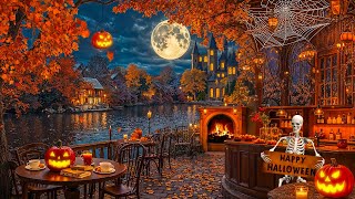 Cozy Autumn Halloween Ambience🍂 Piano Jazz Music for Fall Day and Haunting Vibes🎃 Cracking Fireplace [upl. by Yznyl554]