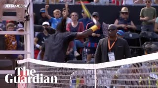 Ymer disqualified from Lyon Open after smashing hole in umpires chair [upl. by Ennaehr]