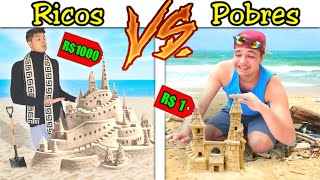 RICOS VS POBRES QUEM CONSTRUIR O MELHOR CASTELO DE AREIA NA PRAIA VENCE 2 24 HORAS NA PRAIA [upl. by Hayarahs]