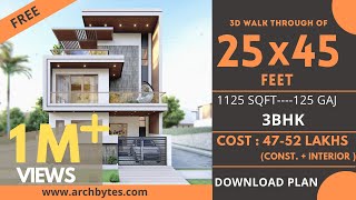 25x45 House Design 3D  1125 Sqft  125 Gaj  3 BHK  Modern Design  Terrace Garden  8x14 Meters [upl. by Boucher]