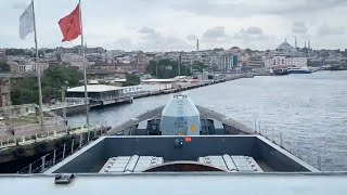 HMS Defender leaves Istanbul and sails through the Bosphorus [upl. by Amrak]