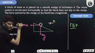 A block of mass \m\ is placed on a smooth wedge of inclination \\theta\ The whole system is [upl. by Onimod]