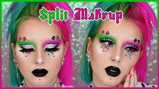 💚 SPLIT MAKEUP 💖  Maquillage ROSE amp VERT avec STRASS vachement étonnant [upl. by Sitruk]