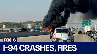 I94 crashes fires at KenoshaRacine county line 2 on same day  FOX6 News Milwaukee [upl. by Dione]