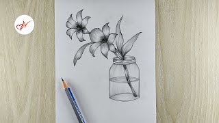 How to draw beautiful orchid flowers in a jar  Step by step pencil sketch drawing [upl. by Selinski]