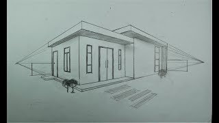 Architectural How To Draw Simple Small Modern House in 2 Point Perspective [upl. by Einal]