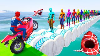 Superheroes on a motorcycle ride over the sea along the SpiderMan Bridge GTA 5 [upl. by Allemrac]