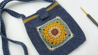 tığ işi ayçiçeği motifli çapraz askılı çanta yapımı crochet tığ işi örgü çanta modelleri [upl. by Suirtemid667]