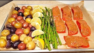 Easy Salmon One Pan Meal Prep  One Pan Salmon and Veggie Dinner  How to Cook Salmon [upl. by Roydd]