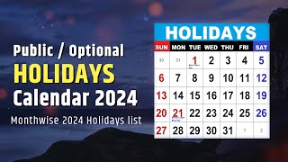 Holidays Calendar 2024  List of Public holidays Government Holidays in 2024 [upl. by Kumar]