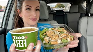 chicken noodle soup amp asian sesame chicken salad  panera  car mukbang [upl. by Haeel427]