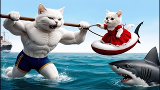 Daddy 👨Fights Shark to save me 🐈🌊⛱️cat cutecat cute kitten [upl. by Ymerrej]