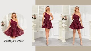 POMUYOO  Burgundy One Shoulder A Line Sequins Short Homecoming Dress dress [upl. by Treharne615]