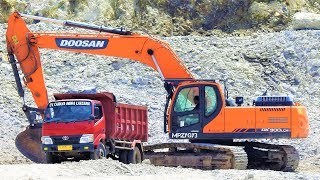 Excavator Working On Quarry Doosan DX300LCA Komatsu PC210LC Volvo EC210B Hyundai RH210 [upl. by Ahsekim]