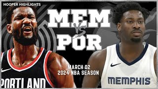 Memphis Grizzlies vs Portland Trail Blazers Full Game Highlights  Mar 2  2024 NBA Season [upl. by Gault]