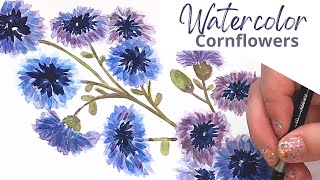 Blue Flowers Watercolor Painting  Beginner CornFlowers Tutorial [upl. by Sherrod896]