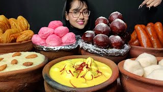 Eating Different types of Indian Sweets  Kheer Rasmalai Big Bites  Asmr Eating  Mukbang [upl. by Neehs]