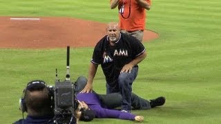 Wrestler Goldberg spears guy in purple on Legends of Wrestling Night [upl. by Suirtemed]