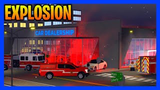 ARSONISTS EXPLODE THE CAR DEALERSHIP ROOF COLLAPSES AND TRAPS FIREFIGHTERS ERLC Roblox Roleplay [upl. by Tilden]