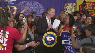 Fast food workers celebrate new 20 minimum wage in California [upl. by Araf883]