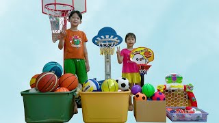 Learn Colors and Sizes with Sport Balls  Basketball Shooting on All Hoops [upl. by Ecnerwaled]