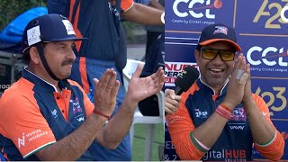 Manoj Tiwari and Nirahua celebrating Aditya Ojhas huge shots vs Telugu Warriors  CCL [upl. by London849]