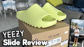 Yeezy Slide Glow Green Review amp On Feet [upl. by Mchugh]