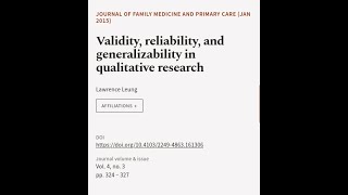 Validity reliability and generalizability in qualitative research  RTCLTV [upl. by Neeneg90]